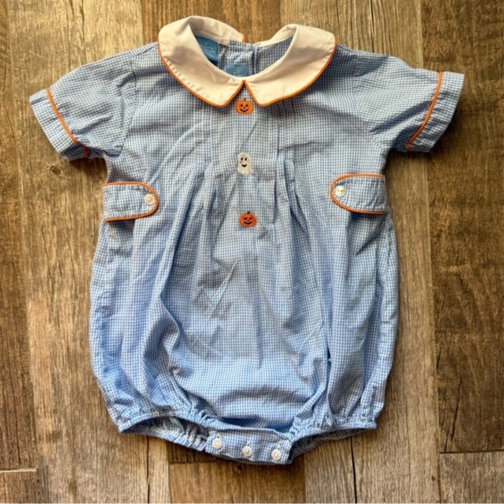 Anavini hand smocked checkered Halloween bubble romper size 3